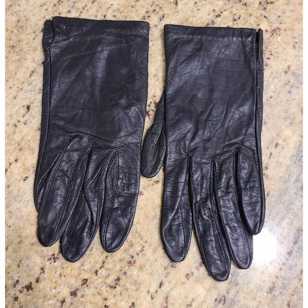 Vintage Size M 7 Soft Black Leather 8" Gloves Lined Miss Aris
